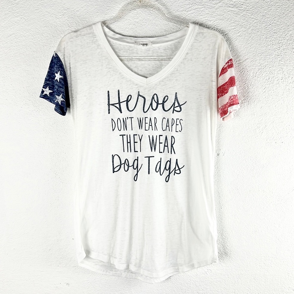 MAURICES |🇺🇸 American Flag Themed “HEROES DON’T WEAR CAPES…” Print V-Neck Tee